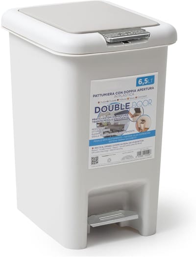 Kleine kunststof vuilnisemmer 6,5 liter met dubbele opening en pedaal, minimalistisch design voor thuis en badkamer