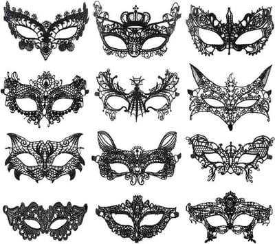 Set van 12 Elegante Venetiaanse Maskers voor Vrouwelijke Cosplay en Feestjes - Zwart Kant voor Carnaval, Halloween en Valentijnsdag