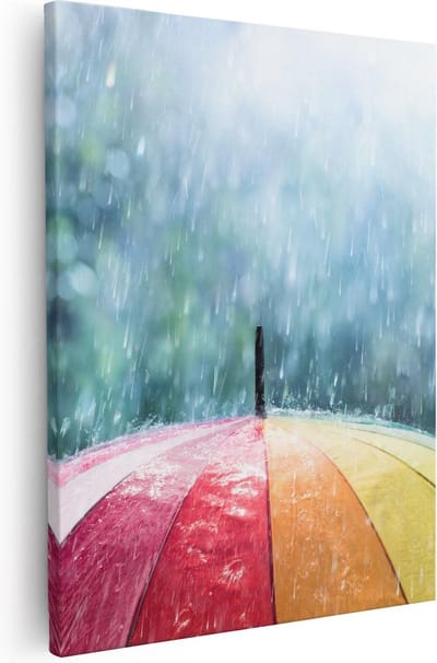 Artaza Canvas Schilderij Kleurrijke Paraplu In De Regen - 40x50 cm - Wanddecoratie Regenboog - Muurdecoratie Woonkamer - Kamer Accessoires