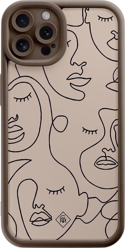 Casimoda® hoesje - Geschikt voor iPhone 12 Pro - Abstract Faces - Effen telefoonhoesje met lensbescherming - TPU - Backcover - Bruin/beige