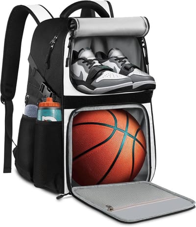 Basketbal Rugzak - Sporttas Balhouder - Sportuitrusting Vervoeren - Onafhankelijk Schoenenvak - 35 Liter - Wit