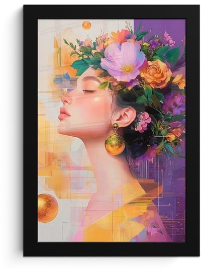 Poster in lijst - Fotolijst 20x30 cm - Posters - Abstract - Vrouw - Bloemenkroon - Goud - Posterlijst zwart - Decoratie - Wanddecoratie woonkamer - Muurdecoratie slaapkamer