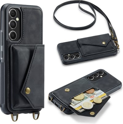 Casemania Hoesje Geschikt voor Samsung Galaxy S23 Plus - Charcoal Gray - Luxe Backcover met Koord en Magnetische Sluiting - Portemonnee Wallet Case met Pasjeshouder en Opbergvak - Lanyard Telefoonhoes - Cord Case