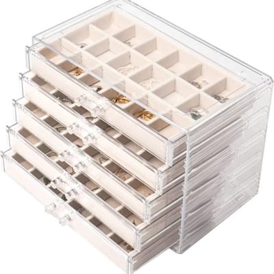 Sieradendoos van acryl met 5 laden, opbergruimte voor oorbellen, opbergdoos voor sieraden voor oorbellen, ring, sieradenorganizer (beige)