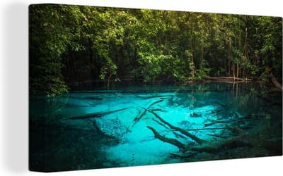 Canvas schilderij 160x80 cm - Wanddecoratie Helderblauw meer in de jungle - Muurdecoratie woonkamer - Slaapkamer decoratie - Kamer accessoires - Schilderijen