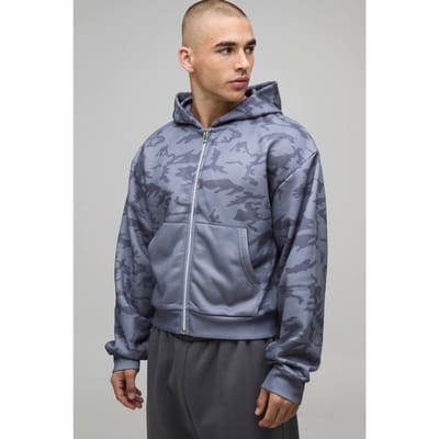 Ingekrompen Pasvorm Camo Print Doorlopende Rits Hoodie | Black | Size XS