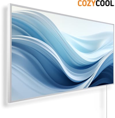 Infraroodpaneel met afbeelding | Futuristische wit blauwe golven | 1200 Watt | Witte lijst | Infrarood verwarmingspaneel | Infrarood paneel | Infrarood verwarming