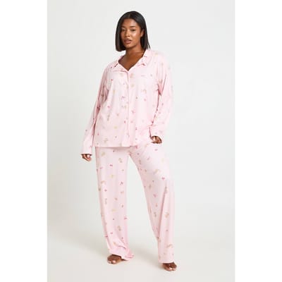 boohoo Dames Plus Pyjama Set Met Konijntjes- En Strikprint Shirt Met Lange Mouwen & Broek | Roze | Maat: 46