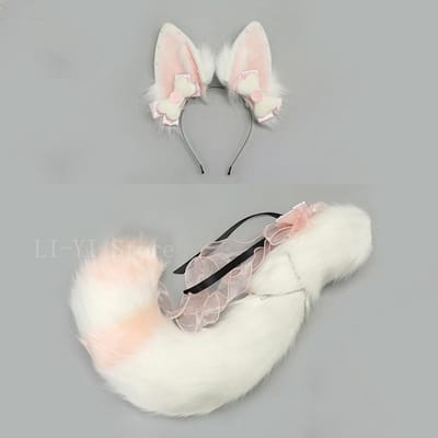 2 stuks/set Handgemaakte Kitsune Vossenoren & Staart Set Pluche Dierenoor Hoofdband Met Staart Voor Furry Cosplay Lolita Kostuum Accessoires ear and tail white