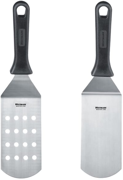 Westmark 2-delige set: 2 professionele spatels/grillspatels (gebogen, flexibel) met geperforeerd en gesloten blad, roestvrij staal/kunststof, Master Line, zwart/zilver, 133722E6