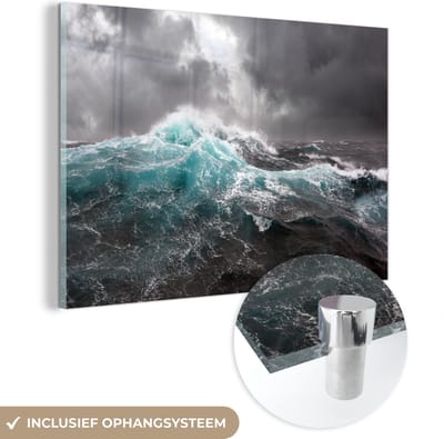 MuchoWow® Glasschilderij 120x80 cm - Schilderij acrylglas - Oceaan - Storm - Golf - Foto op glas - Muurdecoratie woonkamer - Wanddecoratie slaapkamer - Schilderijen