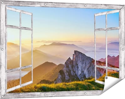 Gards Tuinposter Doorkijk Zonsopkomst in de Bergen in de Alpen - 120x80 cm - Tuindoek - Tuindecoratie - Wanddecoratie buiten - Tuinschilderij