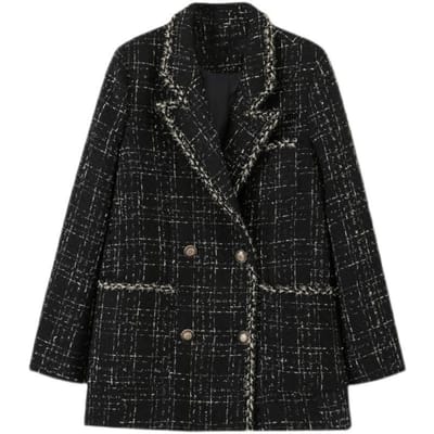 Herfst en Winter Nieuwe Dames Losse Ruitjes Wollen Jasje Klein Geurig Tweed Celebrity Splicing Klein Pak S black