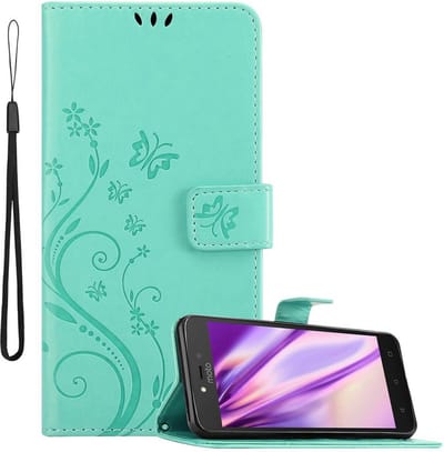 Cadorabo Hoesje geschikt voor Motorola MOTO C PLUS in BLOEMEN TURKOOIS - Beschermhoes in bloemmotief met magnetische sluiting, standfunctie en kaartsleuven Book Case Cover Etui