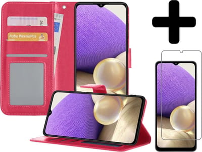 Hoesje - Met Screenprotector - Geschikt voor Samsung Galaxy A32 5G - Luxe Pasjeshouder - Bookcase Portemonee - Flip Case - Kunstleer Book Case - Flipcase - Book Cover - Walletcase - Portemonneehoes - Telefoonhoesjes - Donkerroze
