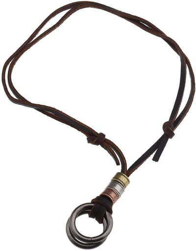 Dailygoods- Hanger Ketting Verstelbaar - Dubbele Ring - Kunstleer - Legering - Bruin/Retro Zilver - Uniek Ontwerp