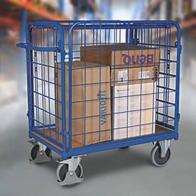 Transportwagen met vier gaaswanden - staal en MDF - L 1200 x B 800 mm - draagvermogen 500 kg - gentiaanblauw