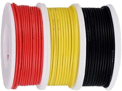 26 AWG Draadset: 26 Gauge Elektrische Draad, 300V, PVC Isolatie, Massief Verzinkt Koper, 3 Kleuren (Zwart, Rood, Geel), 7 Meter per Draad, Ideaal voor Elektrische Projecten en Verbindingen