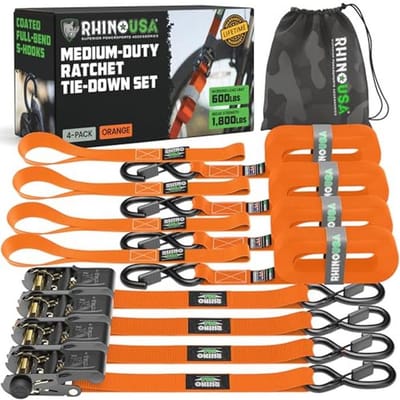 Sjorbanden 4-Pack - 2,5 cm x 4,6 m (800 kg breuksterkte) - Ultieme spanbanden met veiligheids-S-haken - Premium riemen voor vrachtwagens en apparaten - Oranje