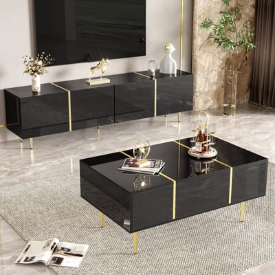 STILVORA Tv Meubel En Salontafel Set - Hoogglans Met Softclose En Lades - Moderne Woonkamer - MDF Zwart Goud - 170x35x46;100x60x41,5