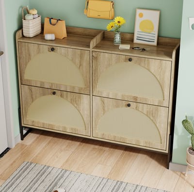 DESMIU Schoenenkast - Smal Met 4 Kleppen En Ventilatie - Voor Hal En Gang - Spaanplaat Met Houtlook En PE Rattan - 121x25x91,5 Cm - Naturel