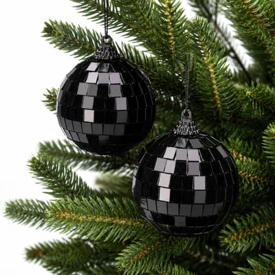 Christmas Decorations Disco kerstbal - 2x - zwart - 6 cm - kunststof en glas - discobol - spiegel - discobal - kerstversiering