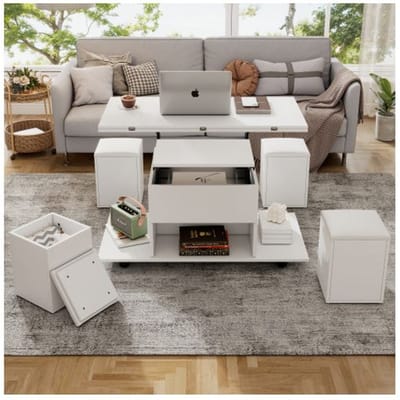 Table basse relevable multifonctionnelle - MUVOE - Bureau 2 tables - Blanc - Grande capacité - Design moderne blanc