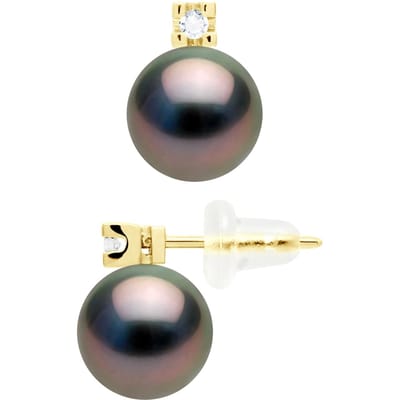 Oorbellen Prestige - Diamanten 0,04 ct - in Geel Goud 750 en Echte Cultiveerde Tahitiaanse Parel Rond 8-9 mm