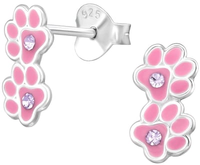 Joy|S - Zilveren kat hond dierenpootje oorbellen - roze - 8 x 10 mm - paars / lila kristal - poot afdruk - kinderoorbellen - sterling zilver 925