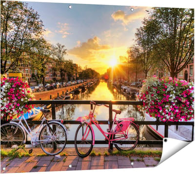 Gards Tuinposter Amsterdamse Brug met Zonsopgang - 120x90 cm - Tuindoek - Tuindecoratie - Wanddecoratie buiten - Tuinschilderij