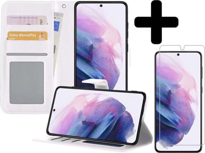 Hoesje - Met Screenprotector - Geschikt voor Samsung Galaxy S21 Plus - Luxe Pasjeshouder - Bookcase Portemonee - Flip Case - Kunstleer Book Case - Flipcase - Book Cover - Walletcase - Portemonneehoes - Telefoonhoesjes - Wit