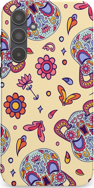 Casetastic hoesje geschikt voor Samsung Galaxy A55 - Dubbellaagse bescherming - Dia de los Muertos Doodshoofd Bloemen - Fashion Case - Crème Lila Zilver