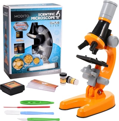 Modito Microscoop Voor Kinderen - Microscoop Junior - Educatief Speelgoed - LED Verlichting - Kinder Speelgoed - Oranje