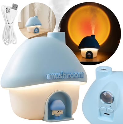 Mary's Luchtbevochtiger met LED-lampje en projector, blauwe paddenstoel, warm RGB-licht, USB