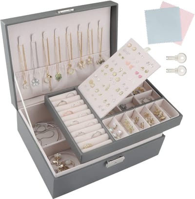 TEIVUL Sieradendoos, 2-laags sieradenorganizer met 2 sleutels en reinigingsdoekje, PU-lederen sieradendoosje, organizer, voor kettingen, oorbellen, armbanden, ringaccessoires, sieradendoosjes v
