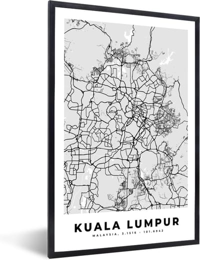 Fotolijst incl. Poster Zwart Wit- Kuala Lumpur - Stadskaart - Plattegrond - Zwart Wit - Kaart - 40x60 cm - Posterlijst