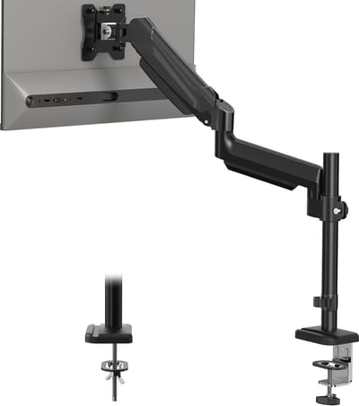 Famanu – Monitorarm met gasveerondersteuning, enkelarm bureaubeugel voor bureau, verstelbaar, kabelbeheer, geschikt voor schermen tot 9 kg, desktop