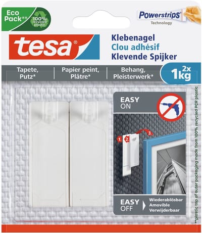 Tesa zelfklevende spijkers - 2x st - wit - draagkracht 1 kg - voor gevoelige oppervlakken - voor behang en pleisterwerk - zonder schroeven