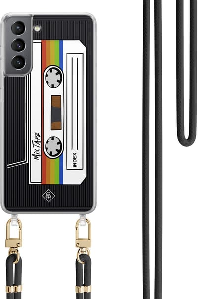 Casimoda® hoesje met zwart koord - Geschikt voor Samsung S21 Plus - Cassette Mixtape - Afneembaar koord - TPU/polycarbonaat - Zwart
