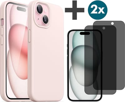 Hoesje met Privacy Screenprotectors 2 Stuks Geschikt voor iPhone 15 Hoesje Siliconen - liquid case - Arara Backcover - Zand