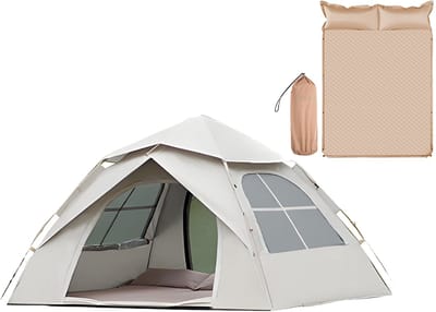 Automatische Pop-up Tent met Slaapmat - Vierhoekige Kampeertent voor 2-3 Personen - Waterdicht met Vaste Zonnekap - Inclusief Draagtas - Ideaal voor Gezinscamping en Festivals - Met Verzilverde UV-Block Coating - Snelle 3-Seconden Opzet - Wit