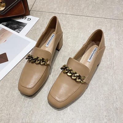 Kleine Leren Schoenen Dames Britse Stijl Koreaanse Versie All-Match Lente Nieuwe Student Jk Dikke Hak Enkele Schoenen Middelhoge Hak Loafers 40 amandel