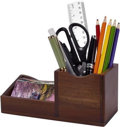 Houten Opbergdoos voor Visitekaartjes 184x79x81mm in Kokosbruin met Penhouder - Desk Organizer voor Kantoor, Ontvangst en Thuiswerkplek
