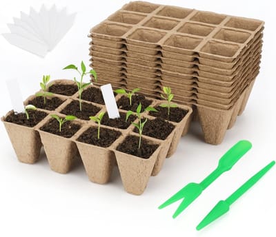 20 Stuks Biologisch Afbreekbare Zaaitrays met 240 Cellen, Plantenlabels en Graafgereedschap voor Zaailingen, Beige