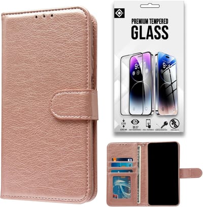 Casemania Hoesje en Glas Geschikt voor Samsung Galaxy A17 5G - Rosegoud- Luxe Portemonnee Book Case met Pasjeshouder - Wallet Case Telefoonhoesje - 1x Tempered Glazen Screenprotector