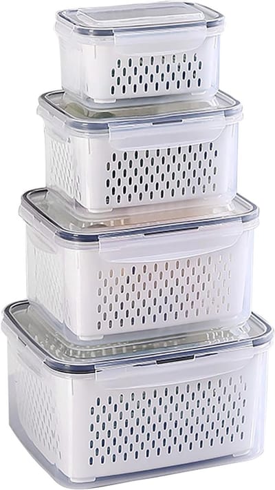 Koelkastorganizer, vershouddozen set met deksel en scheidbare zeef, vershouddozen voor fruit, groenten, salade, bessen, eieren, aardappelopslag