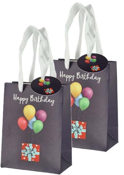 Cepewa verjaardag giftbags/cadeau tasjes - 2x - zwart - happy birthday - ballonnen - 11 x 14 x 6 cm