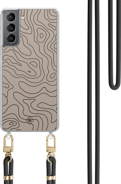 Casimoda® hoesje met koord - Geschikt voor Samsung S21 - Abstract Lines - Afneembaar koord - TPU/polycarbonaat - Bruin/beige