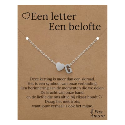 Letter G ketting op Cadeau Kaartje - Een letter, een belofte - 45cm Zilverkleurig Stainless Steel - Initiaal & Hartje Hanger - Pax Amare