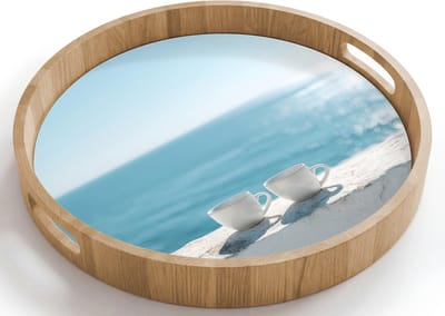 Dienblad rond 40x40 cm - Schootdienblad hout - Zee - Koffiekopjes - Zomers - Borrelplank rechthoek - Plateau houten dienbladen